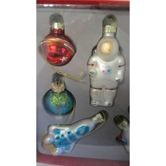 NEW IN BOX MARTHA STEWART HOME SET OF 7 SPACE GLASS  CHRISTMAS ORNAMENTS - Picture 2 of 4